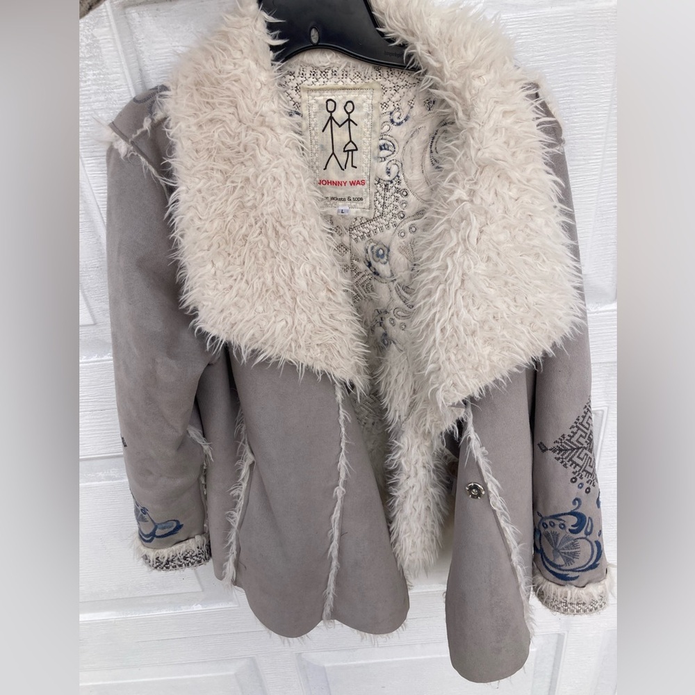 Johnny Was — Jackets and Coats — RARE Embroidered Suede & Faux Fur Jacket, Large